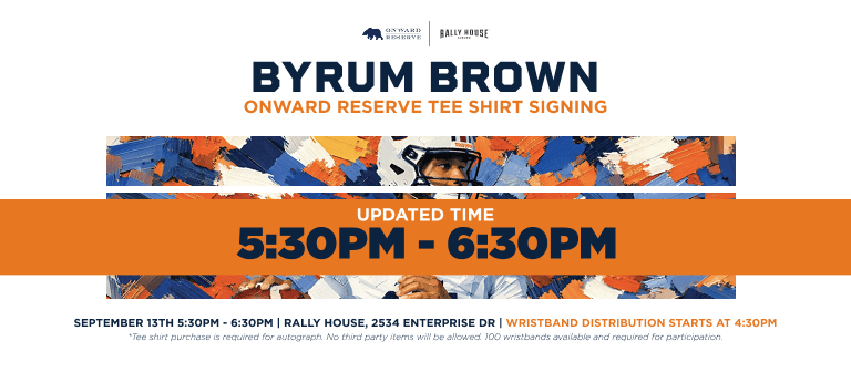 Byrum Brown onward reserve tee shirt signin | sunday September 13th 2-3pm rally house 2534 enterprise dr | wristband distribution starts at 1pm