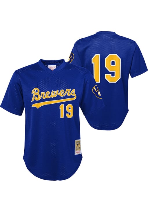 Mitchell & Ness ドリューブリーズ 復刻 ユニフォーム S13b Milwaukee Brewers Robin Yount Youth ROYAL Mesh BP Baseball Jersey