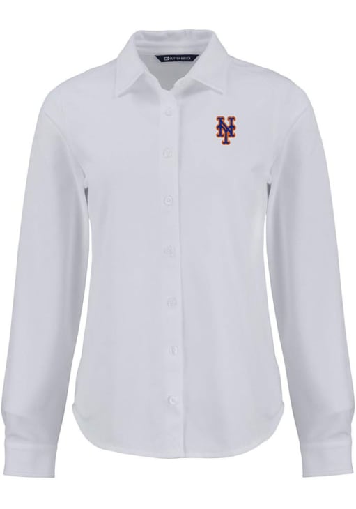mets dress shirt New York Mets Cutter and Buck Womens White Advantage Soft Pique Long Sleeve Dress  Shirt