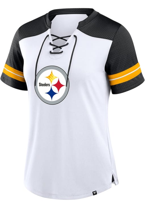 Women's Fanatics White/Black Pittsburgh Steelers Foiled Primary Lace-Up T-Shirt Size: Extra Small Women's Fanatics White/Black Pittsburgh Steelers Foiled Primary Lace-Up T-Shirt Size: Extra Small