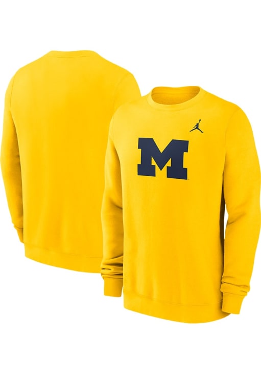 Nike Michigan Wolverines Mens Yellow Jordan Primary Logo Long Sleeve Crew Sweatshirt