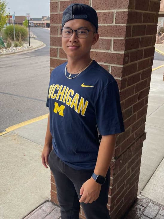 Nike BLUE Michigan Wolverines Arch Mascot Short Sleeve T Shirt