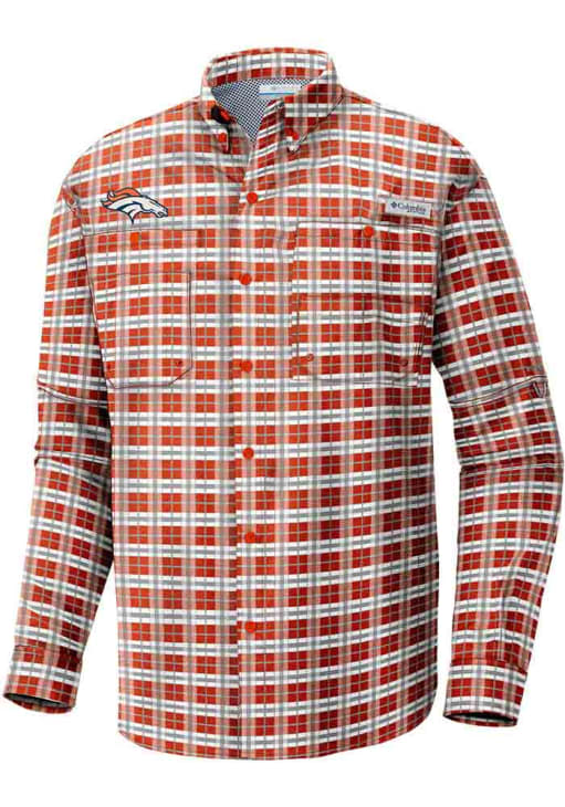 Columbia Denver Broncos Mens Orange Super Tamiami Plaid Long Sleeve Dress Shirt, Orange, Size XL