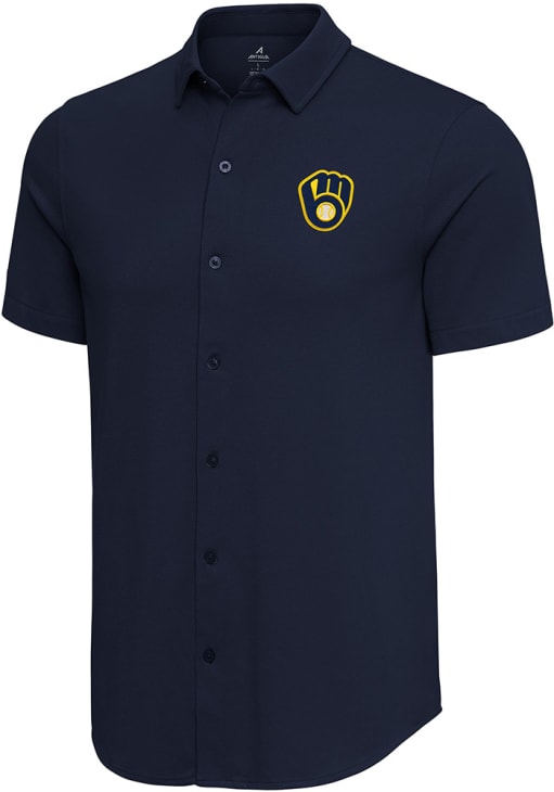 Milwaukee Brewers Mens Antigua Short Sleeve NAVY Nobel Button Down Shirt - 290236116 Milwaukee Brewers Mens Antigua Short Sleeve NAVY Nobel Button Down Shirt - 290236116