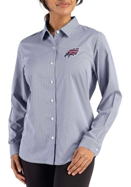 philadelphia eagles dress shirts Cutter & Buck Philadelphia Eagles Americana - Skyline Recycled Gingham Womens Long Sleeve Spread Collar Dress Shirt in Navy Blue/White