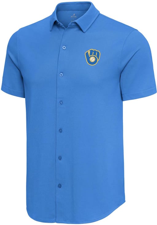 brewers dress shirt Milwaukee Brewers Mens Antigua Short Sleeve LIGHT BLUE Nobel Button Down  Shirt