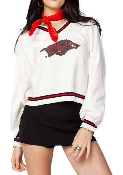 Sweater Razorback Arkansas Razorbacks Queen of Sparkles Sweater Womens White Sequins V ...