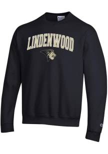 Champion Lindenwood Lions Mens Black Arch Mascot Powerblend Long Sleeve Crew Sweatshirt