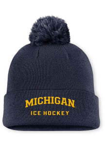 Nike Michigan Wolverines Blue NIKE PEAK STANDARD CUFF POM ICE HOCKEY BEANIE Mens Knit Hat