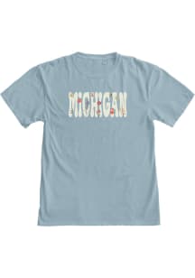 Blue 84 Michigan Womens Blue Embroidered Flowers Short Sleeve T-Shirt