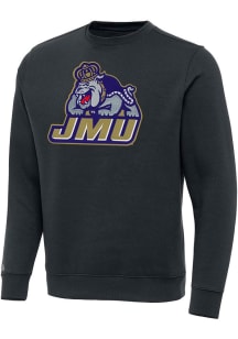 Antigua James Madison Dukes Mens Charcoal Full Front Victory Long Sleeve Crew Sweatshirt