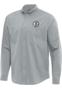 Antigua Brooklyn Nets Mens Grey Flight Long Sleeve Dress Shirt