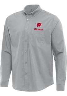 Antigua Wisconsin Badgers Mens Grey Flight Long Sleeve Dress Shirt