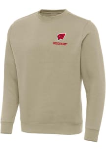 Antigua Wisconsin Badgers Mens Khaki Victory Long Sleeve Crew Sweatshirt