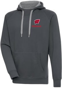 Antigua Wisconsin Badgers Mens Charcoal Victory Long Sleeve Hoodie