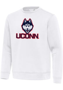 Antigua UConn Huskies Mens White Full Front Relevant Long Sleeve Crew Sweatshirt