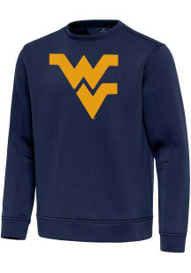 Antigua West Virginia Mountaineers Mens Navy Blue Full Front Relevant Long Sleeve Crew Sweatshirt