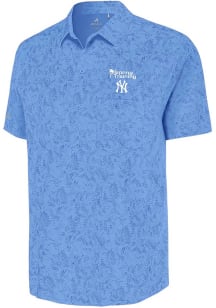 Antigua New York Yankees Mens Blue Spring Training Lush Short Sleeve Dress Shirt