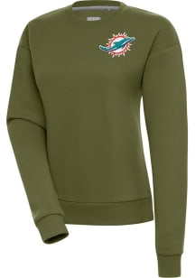 Antigua Miami Dolphins Womens Olive Victory Crew Sweatshirt