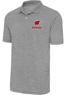 Antigua Wisconsin Badgers Mens Grey Legacy Pique Short Sleeve Polo