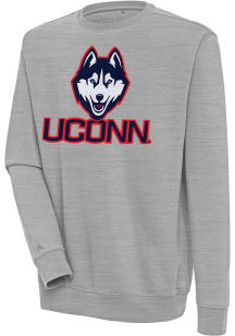 Antigua UConn Huskies Mens Grey Heather Full Front Victory Long Sleeve Crew Sweatshirt