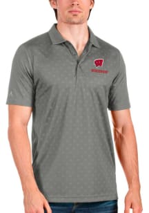 Antigua Wisconsin Badgers Mens Grey Spark Short Sleeve Polo