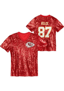 Travis Kelce Kansas City Chiefs Girls Red NN Sequin Short Sleeve Player T Shirt
