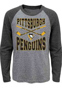 Pittsburgh Penguins Youth Grey Cross Stick Long Sleeve Fashion T-Shirt
