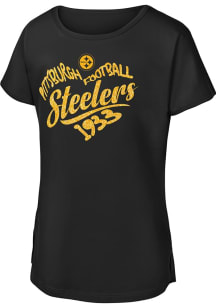 Pittsburgh Steelers Girls Black Script Heart Short Sleeve Tee