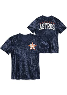 Houston Astros Girls Navy Blue Wordmark Sequin Short Sleeve Fashion T-Shirt