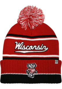 Wisconsin Badgers Red Chenille Script Cuff Pom Mens Knit Hat