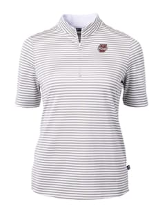 Cutter and Buck Massachusetts Minutemen Womens Grey Virtue Eco Pique Stripe Short Sleeve Polo Shir..