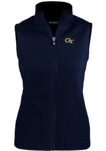 Cutter and Buck GA Tech Yellow Jackets Womens Navy Blue Cascade Sherpa Vest