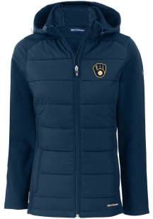 Cutter and Buck Milwaukee Brewers Womens Navy Blue Evoke Hood Heavy Weight Jacket