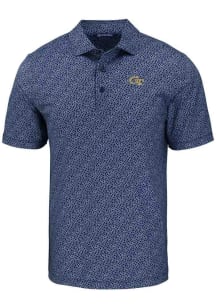 Cutter and Buck GA Tech Yellow Jackets Mens Navy Blue Pike Pebble Short Sleeve Polo