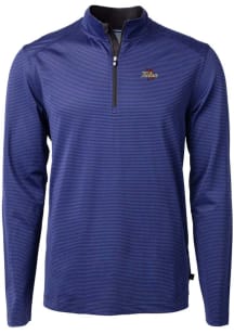 Cutter and Buck Tulsa Golden Hurricane Mens Blue Virtue Eco Pique Micro Stripe Long Sleeve Qtr Zip..
