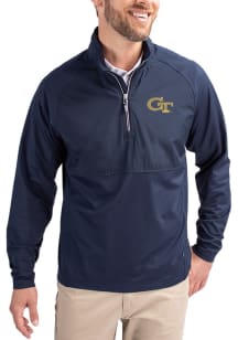 Cutter and Buck GA Tech Yellow Jackets Mens Navy Blue Adapt Eco Hybrid Long Sleeve Qtr Zip Pullove..