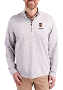 Cutter and Buck Harvard Crimson Mens Grey Virtue Eco Pique Micro Stripe Long Sleeve Qtr Zip Pullov..