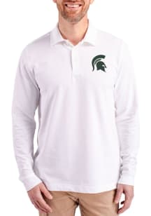 Cutter and Buck Michigan State Spartans White Advantage Pique Long Sleeve Big and Tall Polo