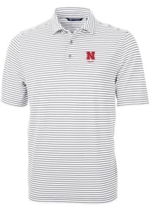 Cutter and Buck Nebraska Cornhuskers Grey Alumni Virtue Eco Pique Stripe Big and Tall Polo