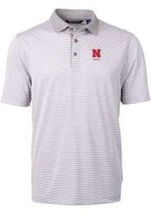 Cutter and Buck Nebraska Cornhuskers Mens Grey Alumni Virtue Eco Pique Micro Stripe Short Sleeve P..