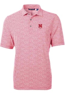 Cutter and Buck Nebraska Cornhuskers Mens Red Alumni Virtue Eco Pique Botanical Short Sleeve Polo