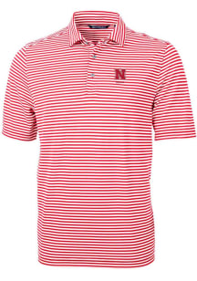 Cutter and Buck Nebraska Cornhuskers Mens Red Alumni Virtue Eco Pique Stripe Short Sleeve Polo