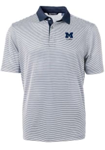 Cutter and Buck Michigan Wolverines Mens Navy Blue Alumni Virtue Eco Pique Micro Stripe Short Slee..