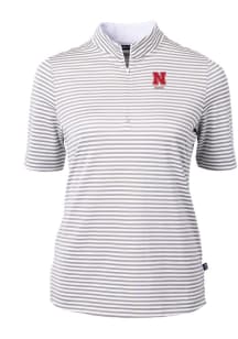 Cutter and Buck Nebraska Cornhuskers Womens Grey Alumni Virtue Eco Pique Stripe Short Sleeve Polo..