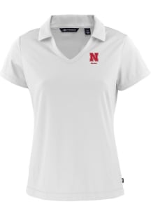 Cutter and Buck Nebraska Cornhuskers Womens White Alumni Daybreak V Neck Short Sleeve Polo Shirt