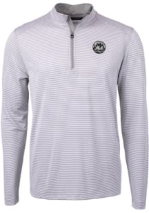 Cutter and Buck New York Mets Mens Grey Mono Virtue Eco Pique Micro Stripe Long Sleeve Qtr Zip Pul..
