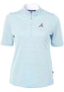 Cutter and Buck Atlanta Braves Womens Blue Cooperstown Virtue Eco Pique Stripe Short Sleeve Polo S..