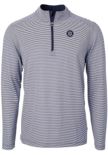 Cutter and Buck Seattle Mariners Mens Navy Blue Mono Virtue Eco Pique Micro Stripe Long Sleeve Qtr..
