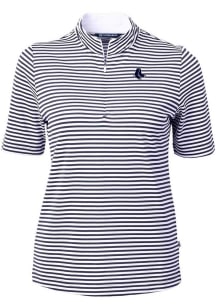 Cutter and Buck Boston Red Sox Womens Navy Blue Mono Virtue Eco Pique Stripe Short Sleeve Polo Shi..